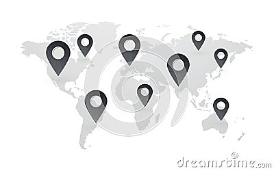 Black map pointers with world map isolated Stock Photo