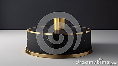 black marble pedestal with golden stand on grey background, 3d render Stock Photo