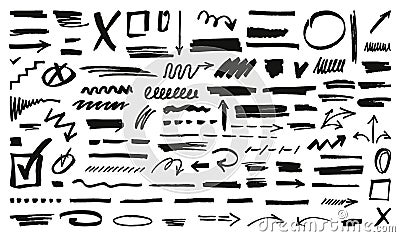 Black marker stains grunge set. Handwriting scribble stroke, underline graphite textures. Brush signs and crayon drawing Vector Illustration