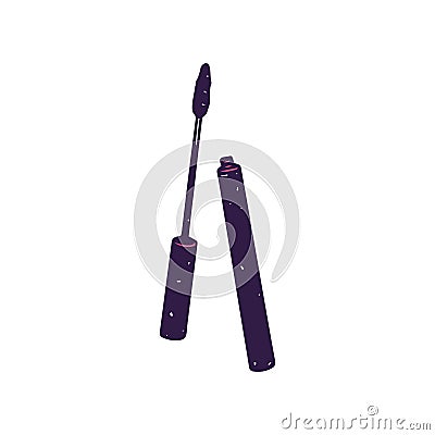 Black Mascara with brush for applying makeup on eye lashes. Beauty accessory. Professional visage tools. Decorative Vector Illustration