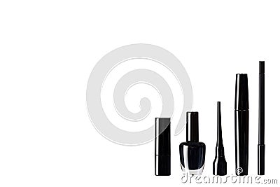 Black mascara, nail polish and lipstick, eye makeup brush Cartoon Illustration