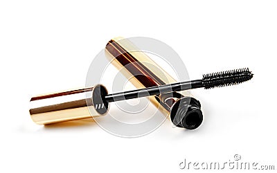 Black mascara wand and tube isolated on white Stock Photo