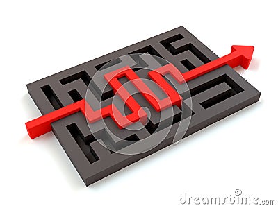 A black maze, labyrinth with a red arrow passes through to the exit. problem-solving concept. Cartoon Illustration