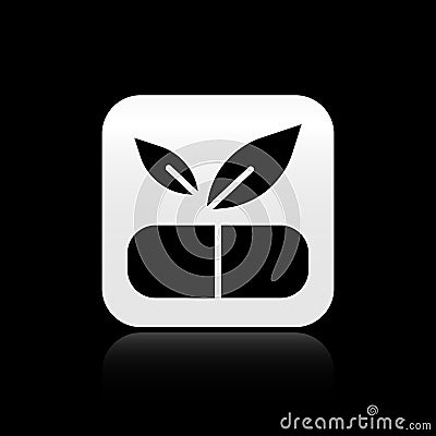 Black Medical pill with plant icon isolated on black background. Herbal pill. Silver square button. Vector Vector Illustration