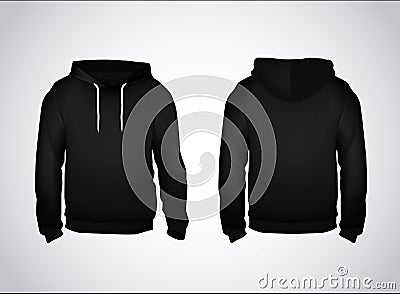 Black men`s sweatshirt template with sample text front and back view. Hoodie for branding or advertising Vector Illustration