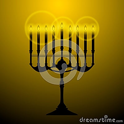 Glowing Menorah for Hanukkah black on orange. Stock Photo