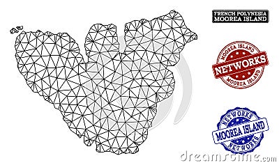 Polygonal Network Mesh Vector Map of Moorea Island and Network Grunge Stamps Vector Illustration