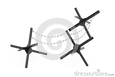 Black Metal Anti Tank Hedgehog Defence Barrage with with Barbed Wire. 3d Rendering Stock Photo