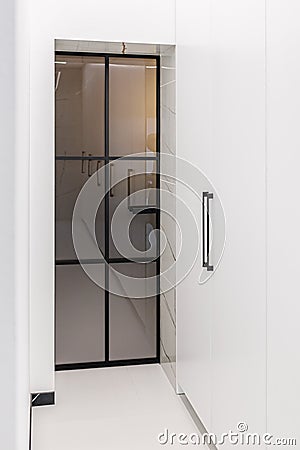 Black metal doors with a thin frame and glass against the background of a white cabinet and white walls Stock Photo
