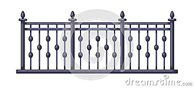 Black metal fence with decorative peaks. Blacksmith fencing, railing. Wrought iron handrail. Balcony and terrace rail Vector Illustration