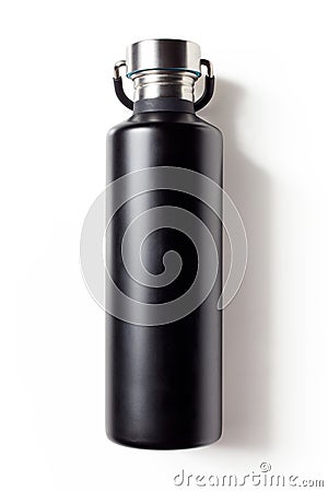 Black metal water bottle isolated on white Stock Photo