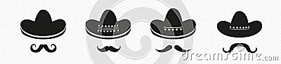 Black mexican sombrero hats with mustache set Vector Illustration