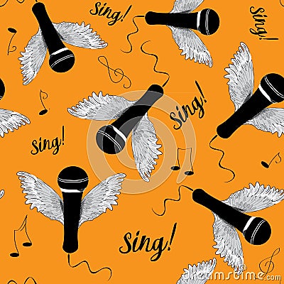 Black microphones with wings and music notes. Sing! Seamless pattern. Vector illustration on orange background Vector Illustration