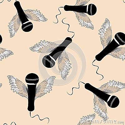 Black microphones with wings. Seamless pattern. Vector illustration on light orange background Vector Illustration