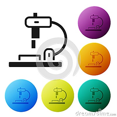 Black Microscope icon isolated on white background. Chemistry, pharmaceutical instrument, microbiology magnifying tool Vector Illustration