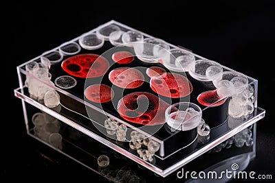 black microscope slide with red blood cells and white blood cells Stock Photo