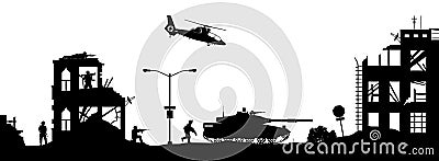 Black military silhouettes. Soldiers assault house with terrorists. Scene of combat in broken city. War panorama Vector Illustration