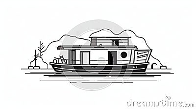 Black Minimal Houseboat Icon - Vector Illustration Cartoon Illustration