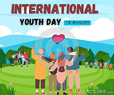 Colorful Minimalist illustrator International Youth Day with cartoonist humans together in the garden. Artistic image Stock Photo