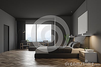 Black minimalistic bedroom, gray bed side view Stock Photo