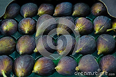 Black Mission figs or Franciscana figs high quality variety of the common fig or Ficus carica in a plastic tray Stock Photo