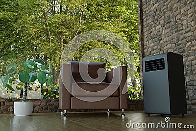 Black mobile air conditioner in a room with a large window 3d Stock Photo