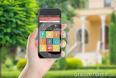 Black mobile smart phone with smart home application icons on th Stock Photo