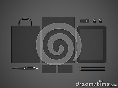 Black mock-up 3d illustration with tablet and shopping bag Stock Photo