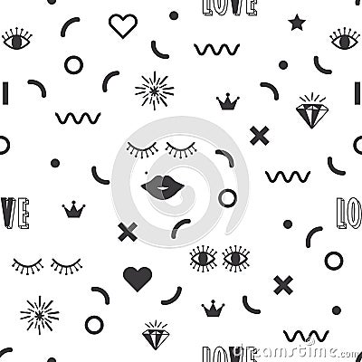 Black modern geometrical and fun symbol icons pattern on white background Vector Illustration