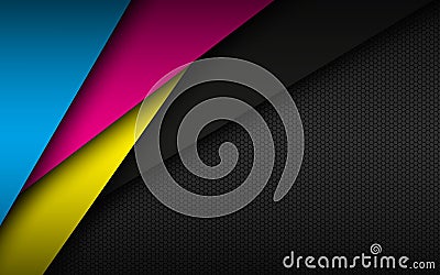 Black modern material background with hexagonal mesh pattern. Overlapped sheets of paper in cmyk colors Vector Illustration