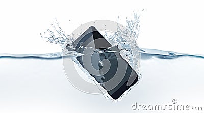 Black modern smartphone fall in water, 3d rendering. Stock Photo