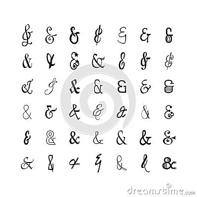 Black modern and trendy thin line stylized and isolated ampersand icons set on white Vector Illustration