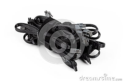 Black modular power supply unit cables set, psu cords put together isolated on white. Many power cables, modern pc assembly parts Stock Photo