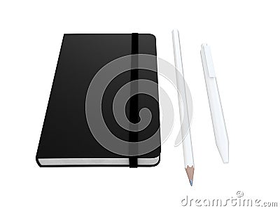 Black moleskine or notebook with pen and pencil and a black strap front or top view isolated on a white background 3d rendering Stock Photo