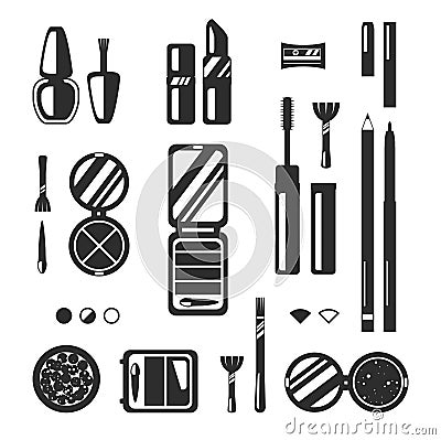 Black monochrome set of decorative cosmetics, vector flat illustration. Beauty store, shop Vector Illustration