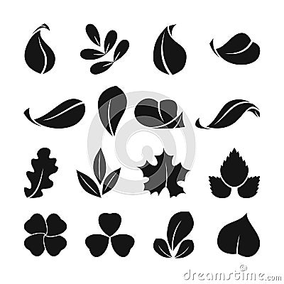 Black monochrome symbols of spring leaf. Vector shapes. Summer icon set isolate on white background Vector Illustration