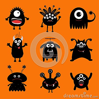 Black monster big set. Cute cartoon scary silhouette character. Baby collection. Orange background. Isolated. Happy Halloween card Vector Illustration