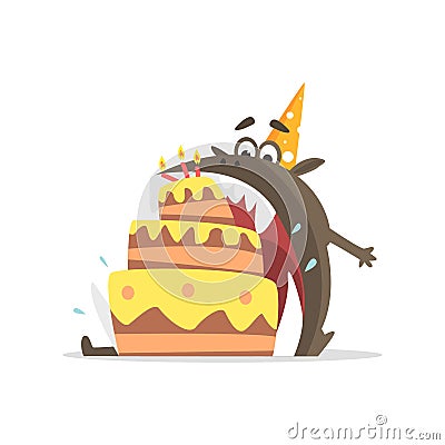 Black Monster Eating Party Cake In One Gulp Vector Illustration