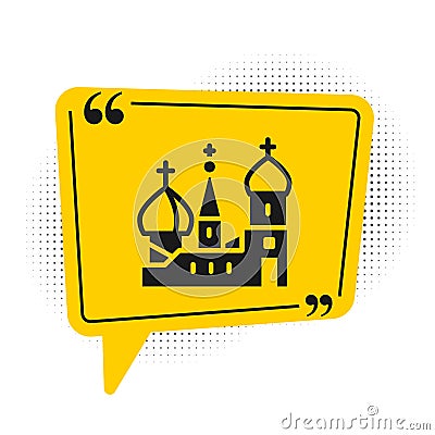 Black Moscow symbol - Saint Basil's Cathedral, Russia icon isolated on white background. Yellow speech bubble symbol Vector Illustration