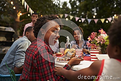 Black mother and son at family 4th July barbecue, close up Stock Photo