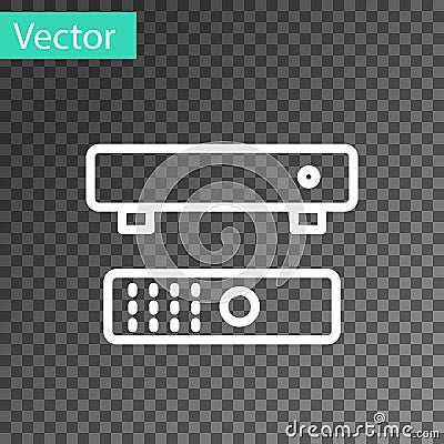 Black Multimedia and TV box receiver and player with remote controller icon isolated on transparent background. Vector Vector Illustration