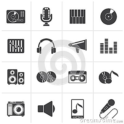 Black Music and audio equipment icons Vector Illustration