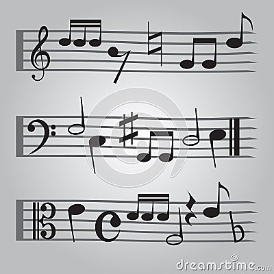 Black music sheet note icons set Vector Illustration