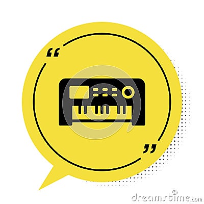 Black Music synthesizer icon isolated on white background. Electronic piano. Yellow speech bubble symbol. Vector Vector Illustration