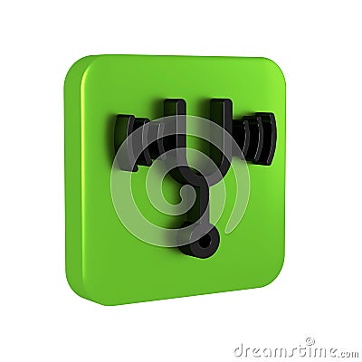 Black Musical tuning fork for tuning musical instruments icon isolated on transparent background. Green square button. Stock Photo
