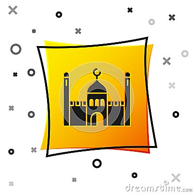 Black Muslim Mosque icon isolated on white background. Yellow square button. Vector Illustration Vector Illustration