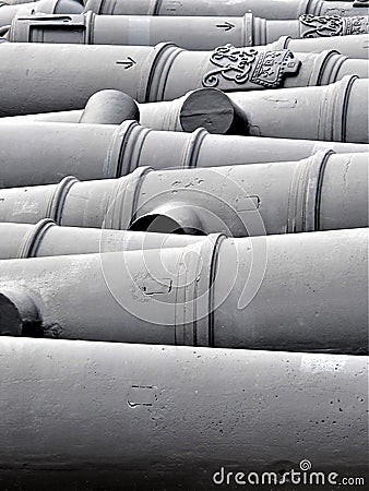 Black naval cannons in row Stock Photo