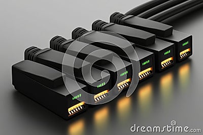 Black network connectors aligned side by side with illuminated indicator lights emphasizing secure data transmission signal tra Cartoon Illustration