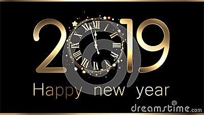 Black 2019 new year background with clock. Vector Illustration