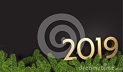 Black 2019 New Year background with fir branches. Vector Illustration